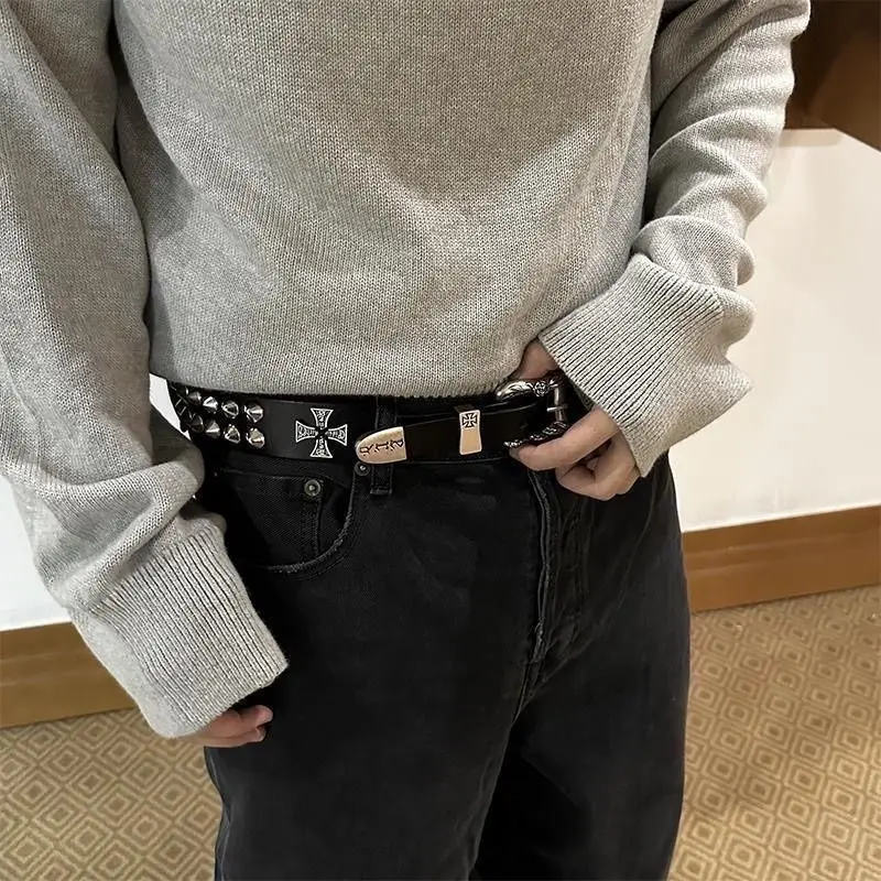 Punk New Gothic Y2K Women Men Belts Luxury Brand Goth Ladies Hip Hop Punk Rivet Skeleton Print Waist Belt Jeans Waistband view 4
