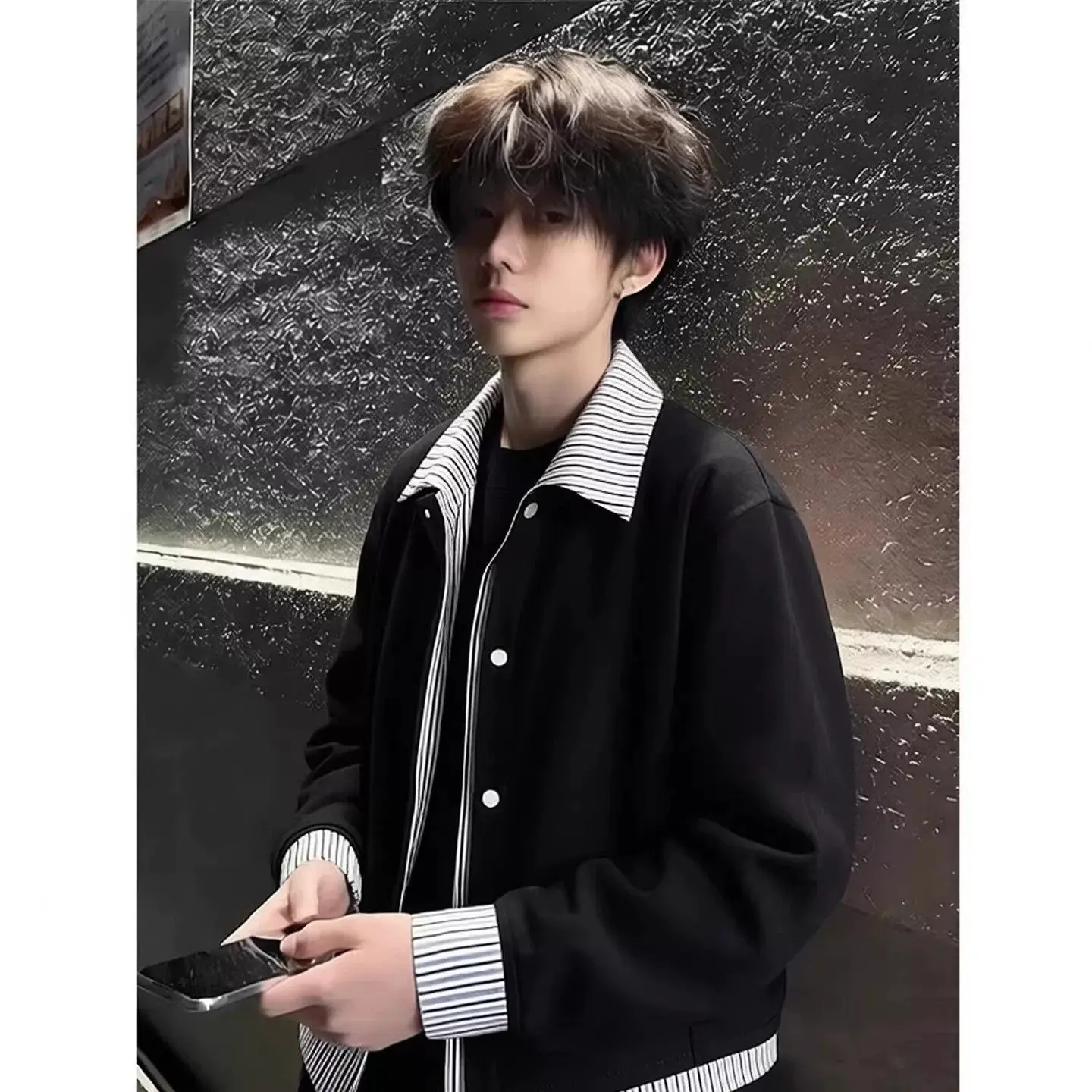Men's Baseball Style Shirt Collar Jacket Spring Autumn Polyester Splice Design Casual Long Sleeve Button up Outerwear
