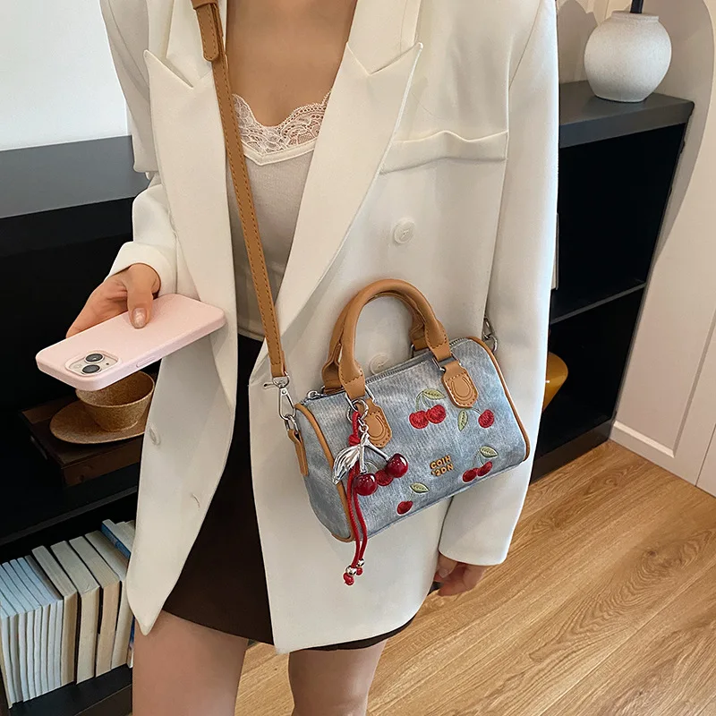 Women's Backpack High-End Cherry Embroidery Handbag Women's New Denim Blue Boston Bag Super Popular Commuting Shoulder Crossbody