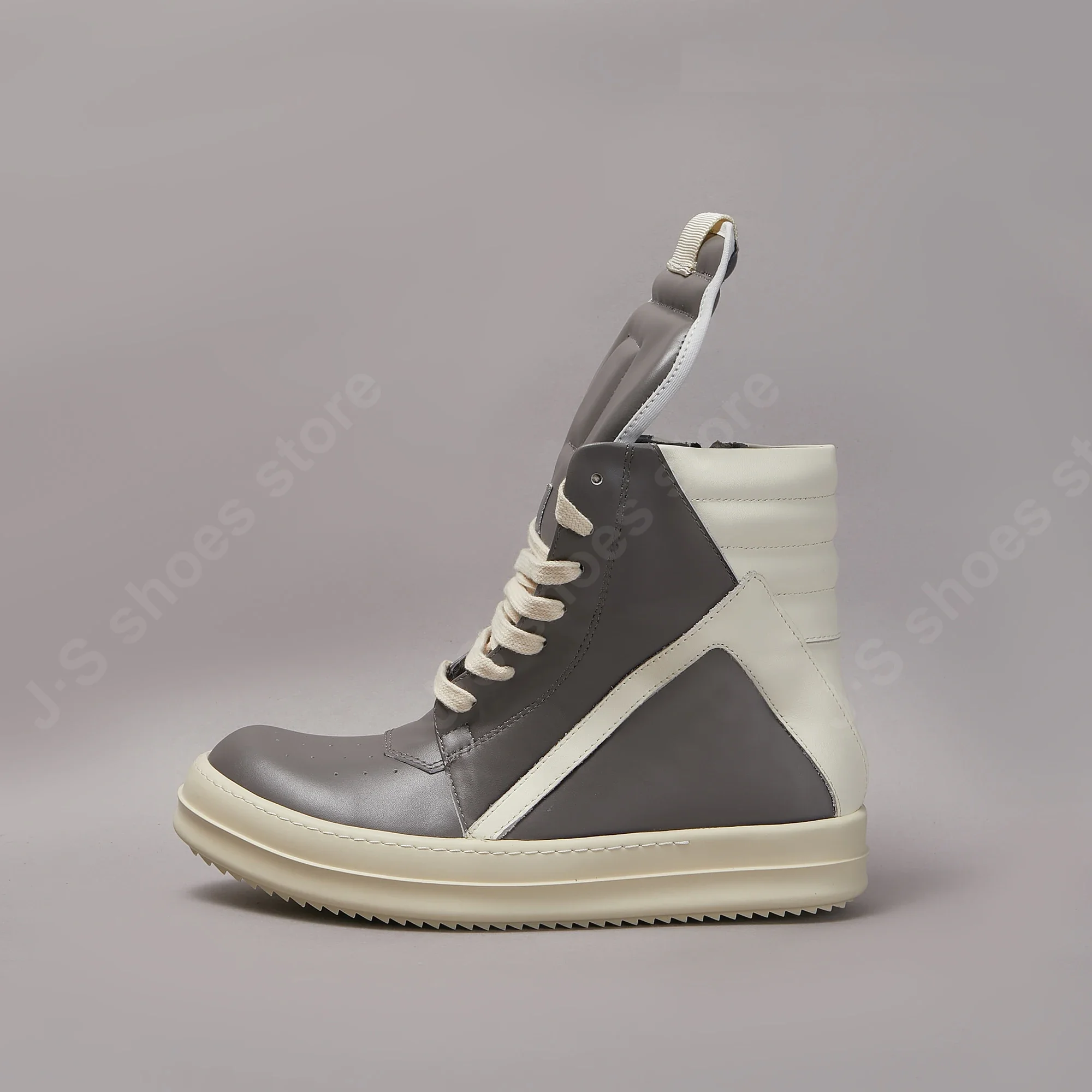 

Brand Rick Men Shoe Casual Women Sneaker Gray Leather High Top Shoes Lace up Geobasket Owens ZIP Ankle Boot Designer Flat Shoe