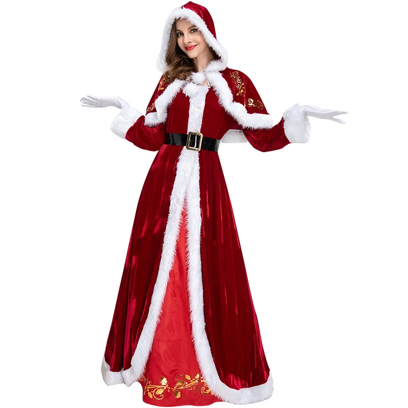 Christmas Couple Santa Claus Costumes Cosplay Red Velvet Santa Claus Costumes for Man Women Xmas Party Long Dress Role Play Sets