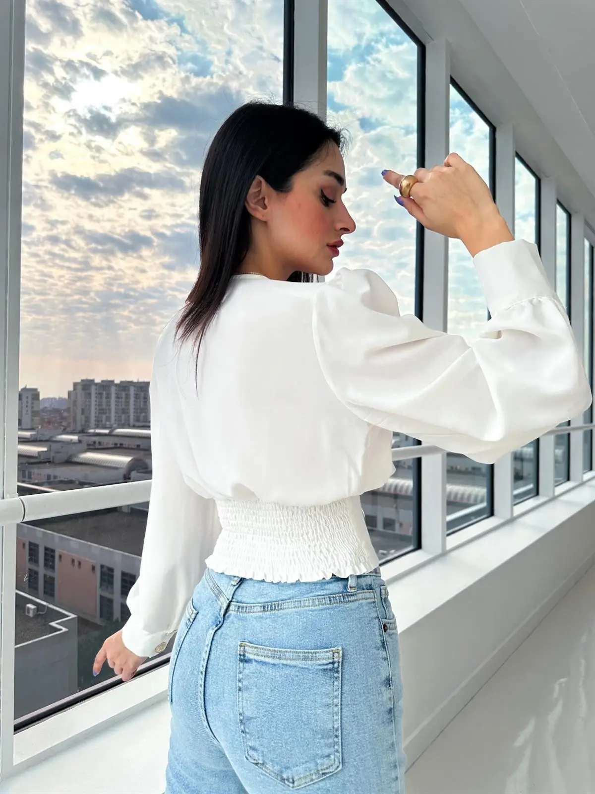 Casual Deep V Neck Solid Shirt Blouse Office Lady Fashion Elegant Long Sleeve Waist button Blouses For Women 2023 White Tops