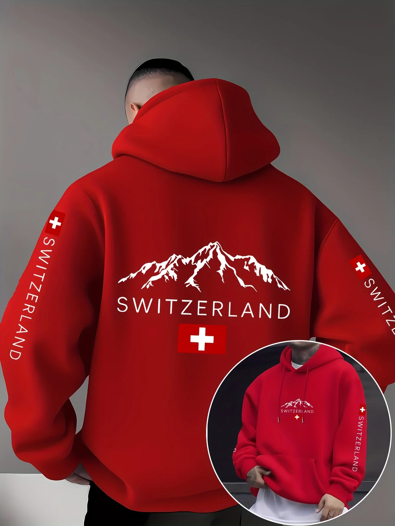 Daily Relaxation Feeling Men's Hoodie with Swiss Mountain Peak Flag Print - Simple Texture Casual Hoodie with Elegant Design