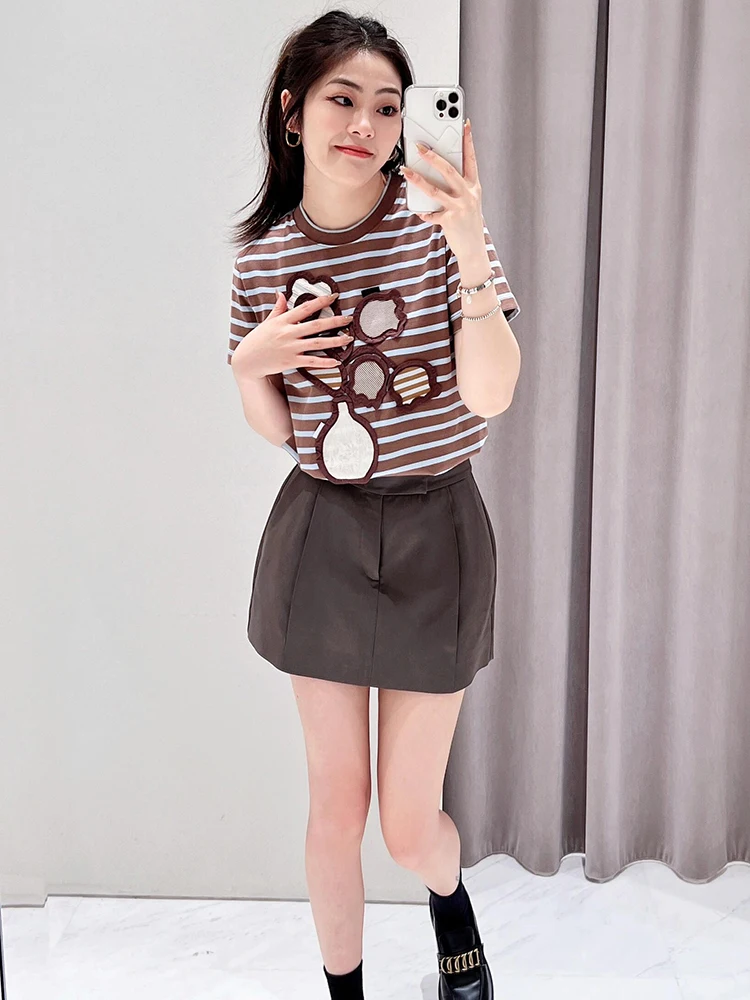 

Cotton T-irt Cartoon Patch Striped Pure Cotton Summer Top Trendy Age-Defng Women's Premium Faion Upperwear