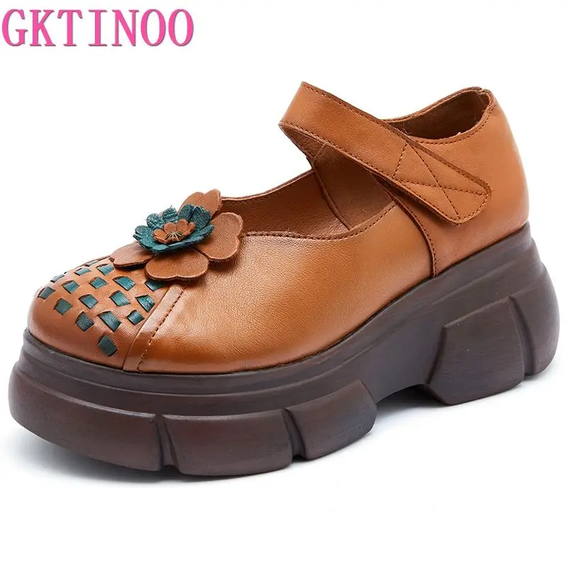 GKTINOO décolleté in vera pelle scarpe da donna Retro Hook & Loop 2024 nuove scarpe con plateau per il tempo libero fatte a mano con punta tonda