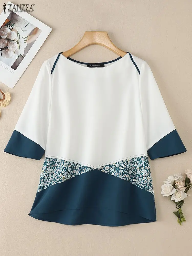 

ZANZEA Women High-Low Blouses O-Neck Half Sleeve Color-Blocked Floral Printed Patchwork Tops Woman Clothes Everyday Casual Wear