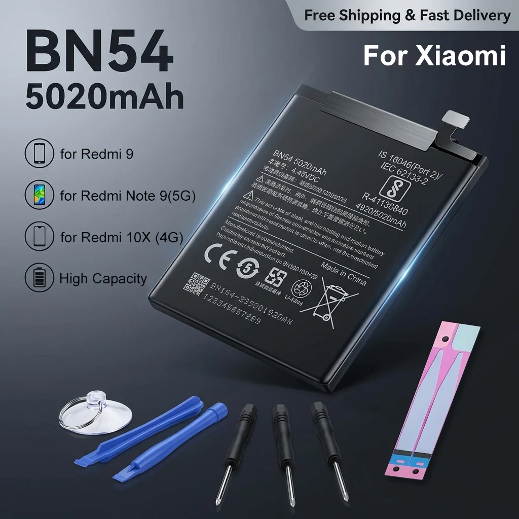 

2026 Years BN54 Replacement Battery for Xiaomi Redmi Note 9 5G/Note9/Redmi 9/Redmi 10X 4G Long Lasting Mobile Phone Bateria
