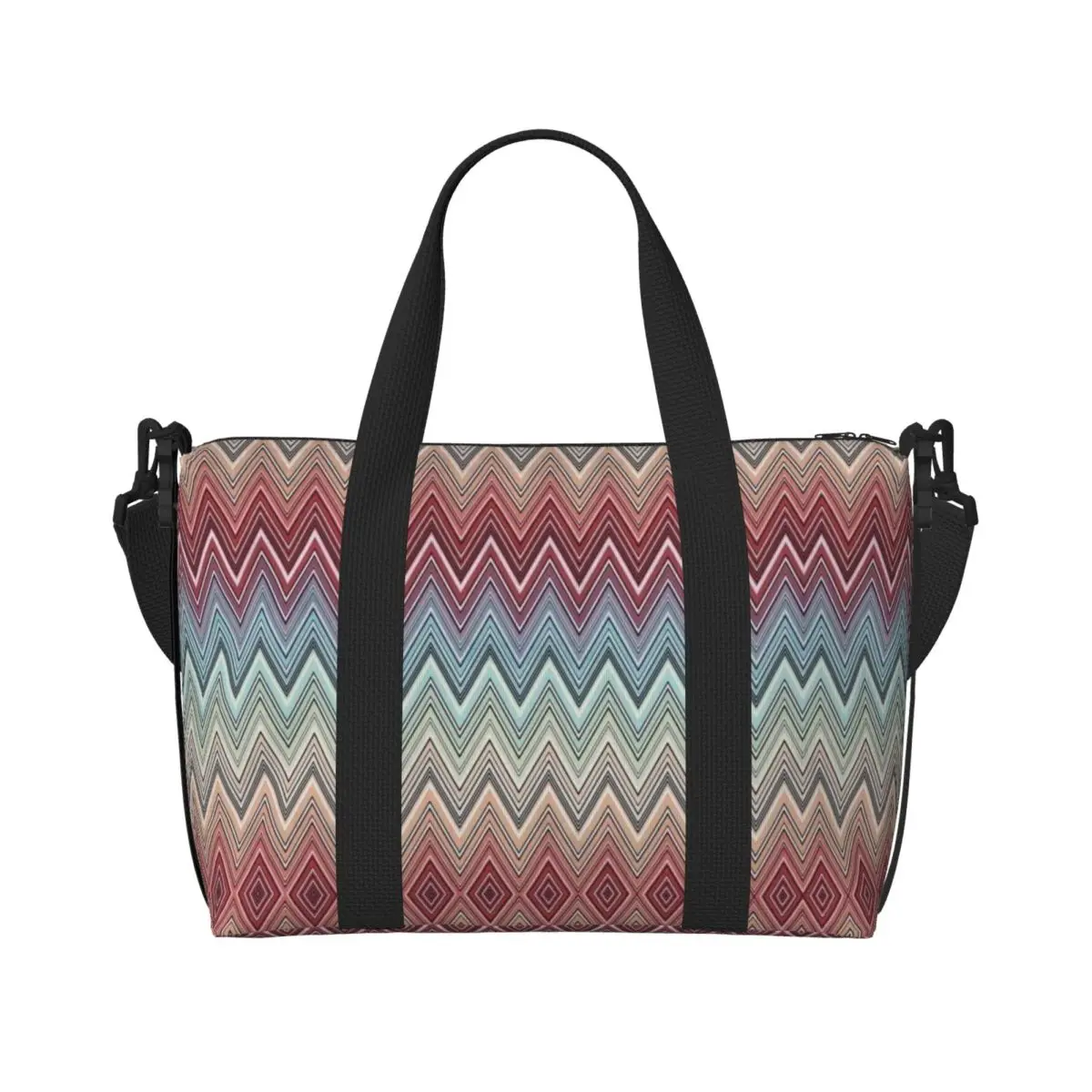 Custom Multicolor Chic Zigzag Groceries Tote Shopping Bag Women Large Capacity Boho Chic Zig Zag Beach Gym Travel Bags