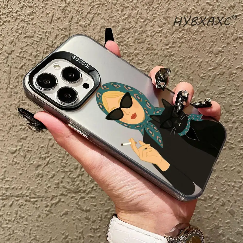 Cartoon Cat And Woman Plaid Pattern Phone Case FOR IPhone 17 16 15 Pro MAX 14 13 12 16e 15Pro Plus Shell Silver Shell IMD Covers