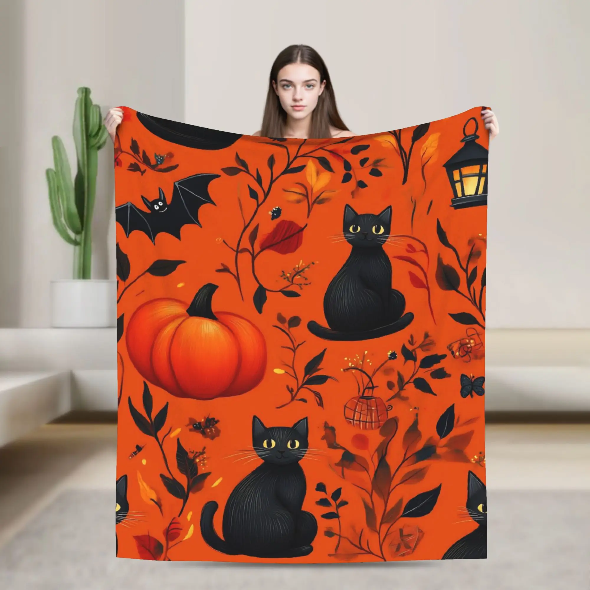 Halloween Velvet Throw Blanket Black Cats Pumpkins Cute Blanket for Sofa Car Super Warm Bedding Throws