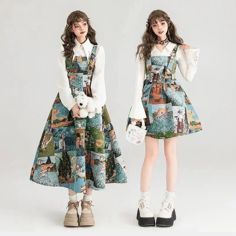 French Romantic Oil Painting Women'S Clothing 2024 New Style Artistic Suspender Dress Illustration Long-Sleeved Shirt 2pcs Set