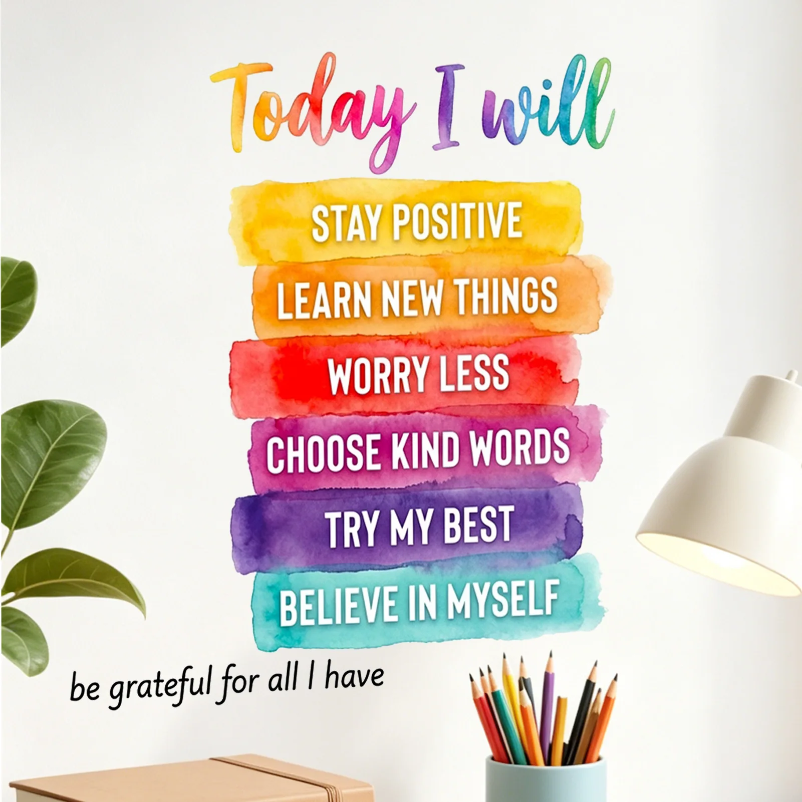 Today I Will Positive Affirmations Wall Decal, Rainbow Watercolor Inspirational Quote Vinyl Sticker, Motivational Wall Decor for