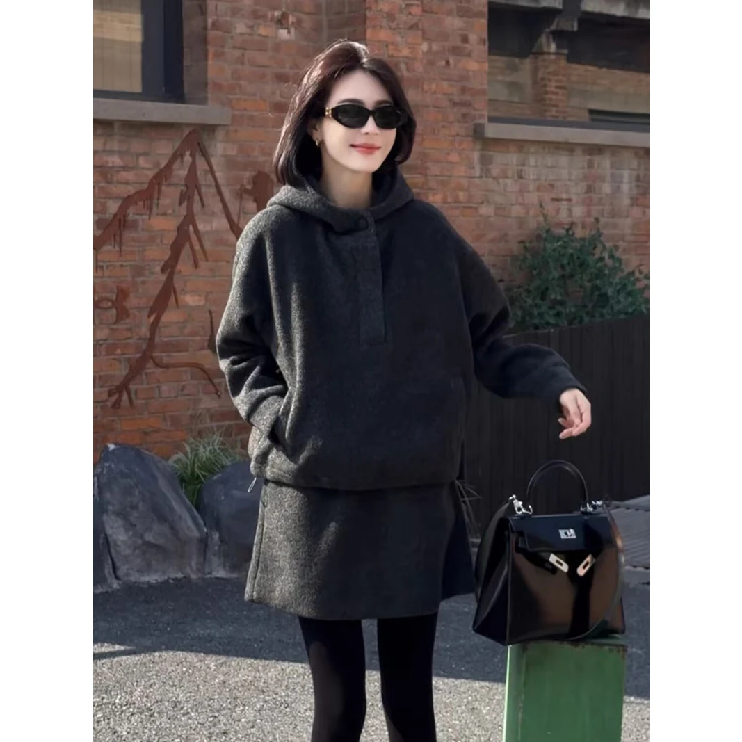 Warm Fleece Lined Hooded Sweatshirt And  Skirt Set Women's Winter Fashion Casual Sportswear Three Piece Set Online And In...