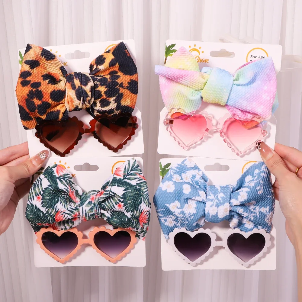 2Pcs/Set Leopard Dot Flower Print Headband Elastic Nylon Hair Band Heart Sunglasses Mental Eyeglasses Baby Boy Girls Headwear