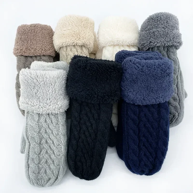 Women Fashion Knit Twist Flowers Mittens Winter Female Wool Plus Cashmere Velvet Thickening Warm Full Finger Gloves Guantes