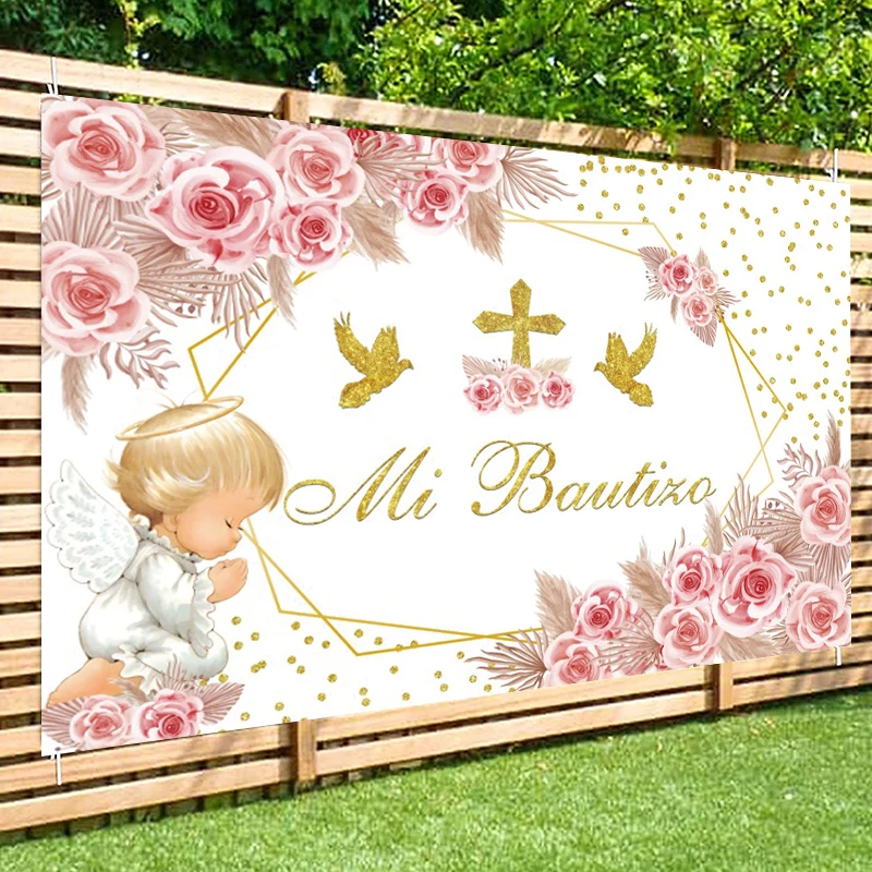 Il mio fondale per il battesimo Pampas Flower Wall God Bless You for Boy Girl Angel Decorazioni per il battesimo Sfondo fotografico della Boemia