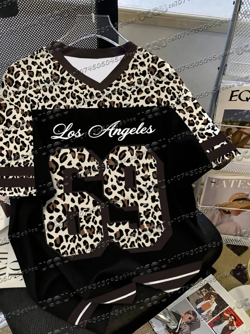 

Summer Fashionable Leopard Print Los Angeles V-Neck Women's Basic T-Shirt Short Sleeve Sport Tshirt Loose Comfortable Tops Tee