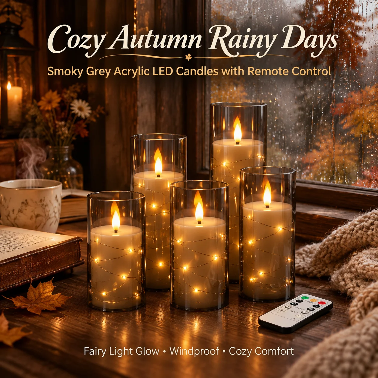 Acrylic 5pcs Flameless LED Candles Built‑in Star String Flickering Timer Halloween Mysterious Fall Mantel Indoor Ornament Decor