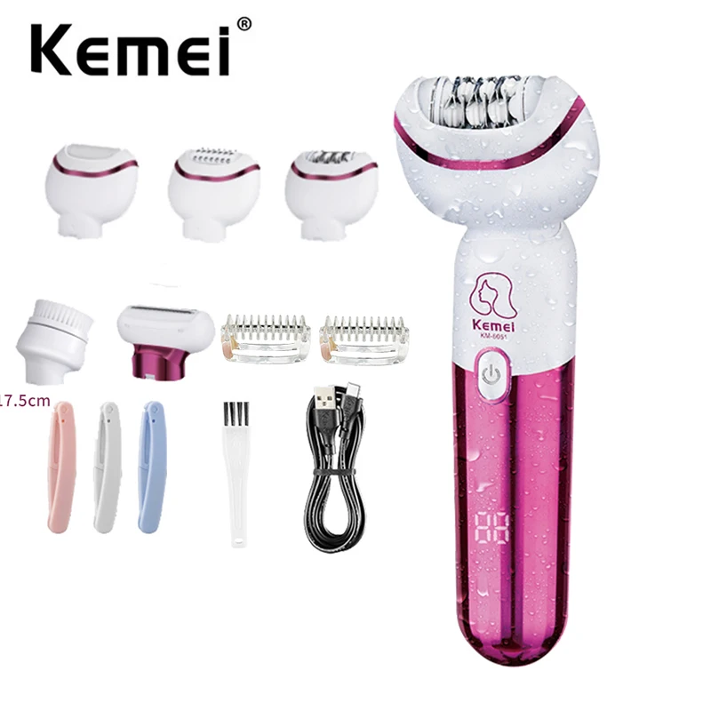 Kemei Epilator for Women 5-IN-1 Rechargeable Hair Removal Legs Arms Armpit Bikini Shaver Callus Remover Massage Facial Cleaning