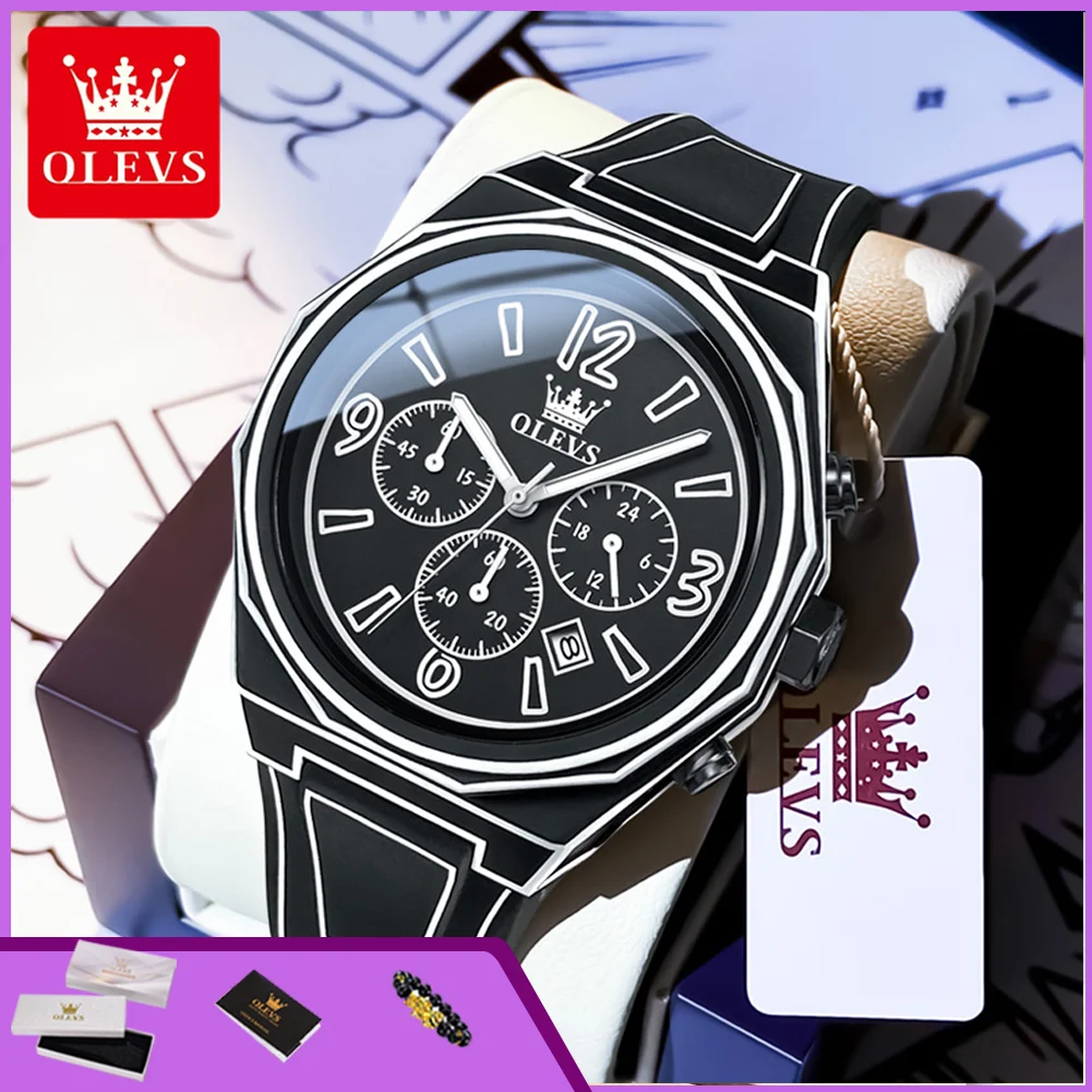 OLEVS 5622 Casual Quartz Watch for Men Manga Style Silicone Strap Waterproof Student Sport Chronograph Calendar Mens Wristwatch