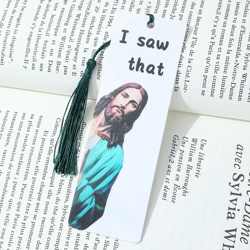 Acrylic Jesus Bookmark with Green Tassel Reading Accessory for Fiction Fans Collections, Holiday Gifts for Colleagues