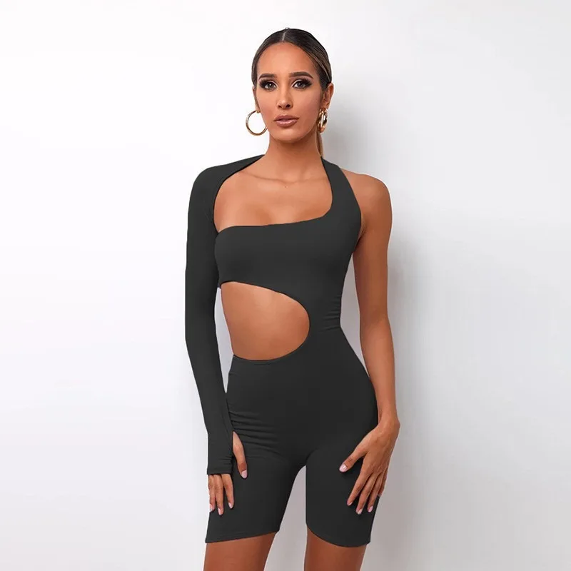 Casual Sports Asymmetrical Solid Women Rompers Basic Long Sleeve Sportswear Streetwear Female Elastic High Waist Jumpsuits