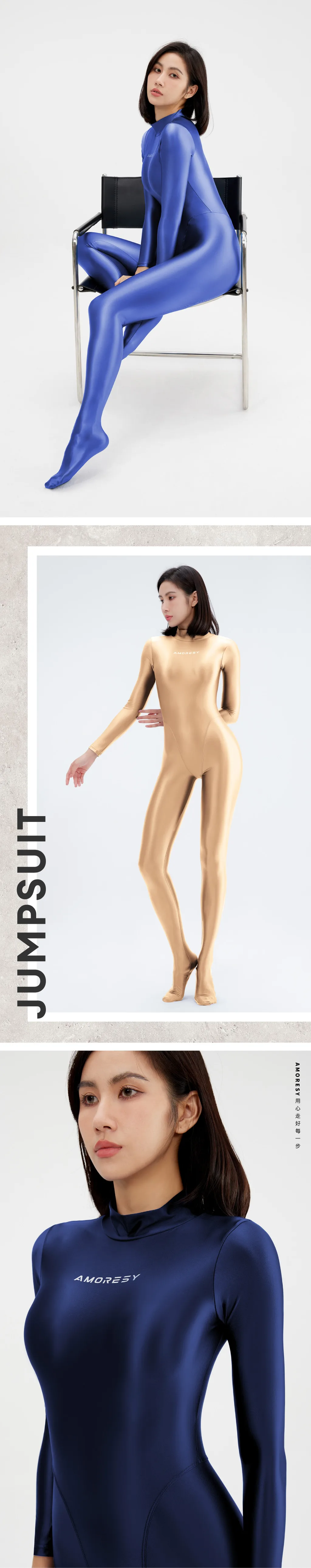 AMORESY Satin-Strumpfhose, langärmlig, durchgehend bedeckende Ölstrumpfhose, glatter Yoga-Bodysuit, lässige Sportanzüge, XClocKNYoung Jumpsuits – Detail 3