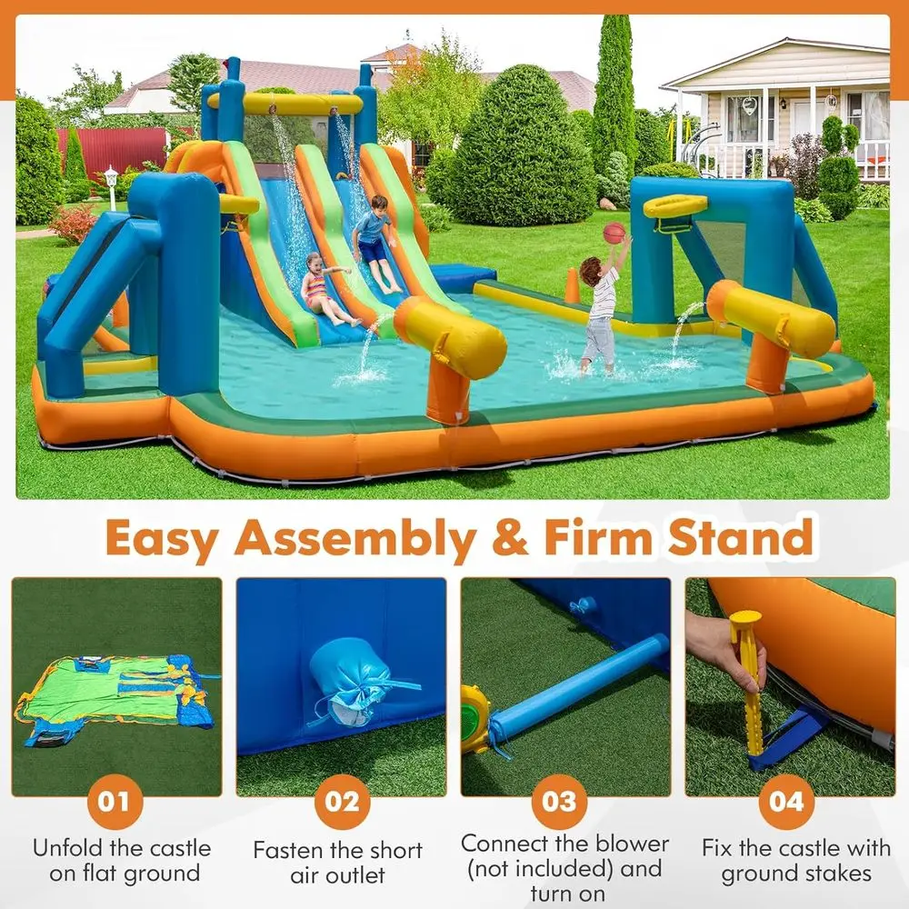 Dwukierunkowa dmuchana zjeżdżalnia wodna, 5,8x5,2 m z ścianami do wspinaczki, bramkami do piłki nożnej i basenem dla dzieci.