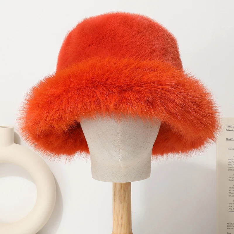 Big Faux Fur Bucket Hat for Women Thick Plush Warm Lovely Fluffy Winter Hat Lady Luxury Fashion Furry Panama Fisherman Cap view 2