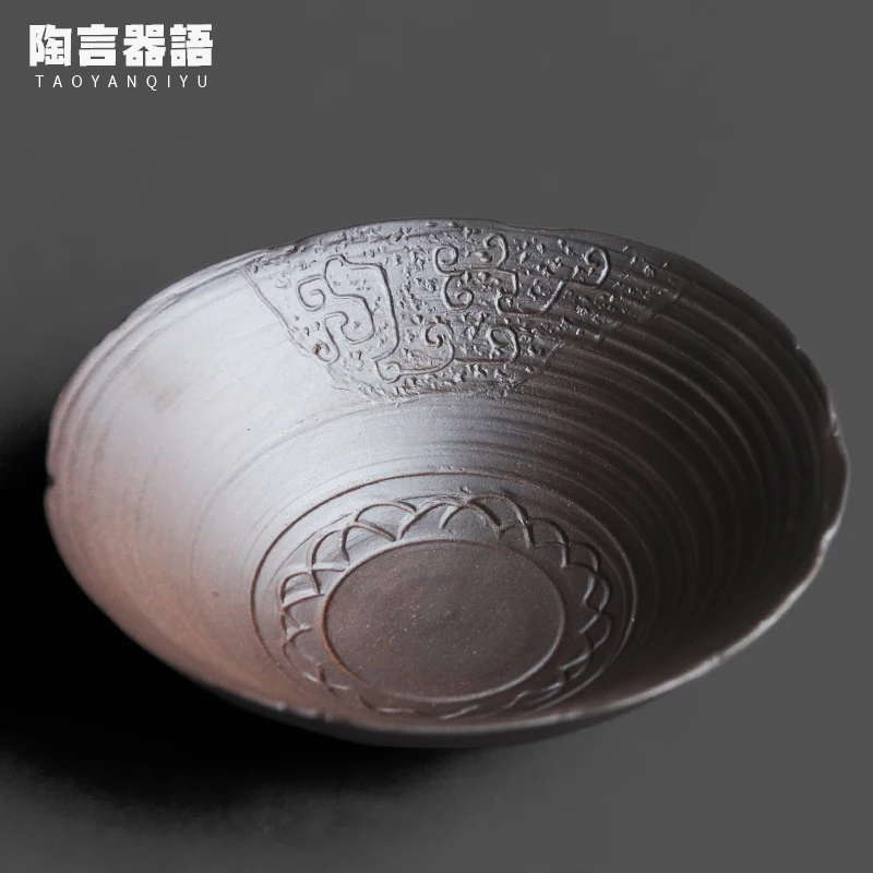 Rock pottery clay relief bamboo hat round dinner plate family restaurant hotel creative fruit Dim sum soup bowl plate