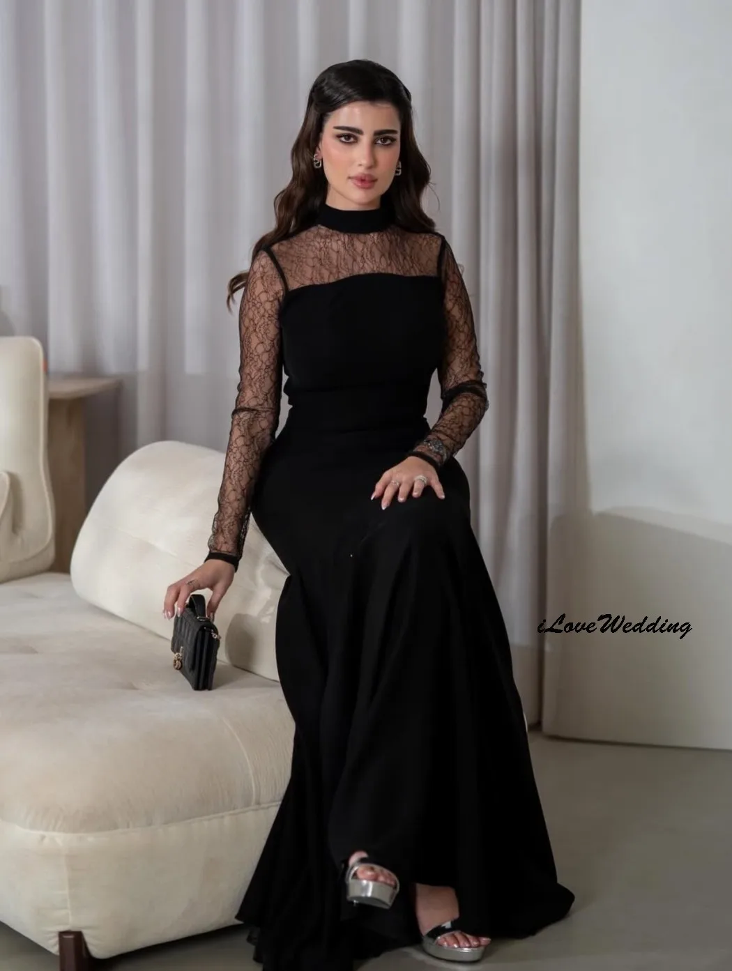 Robe de soirée en dentelle noire, col haut, manches longues, style sirène plissée, personnalisée, 2025