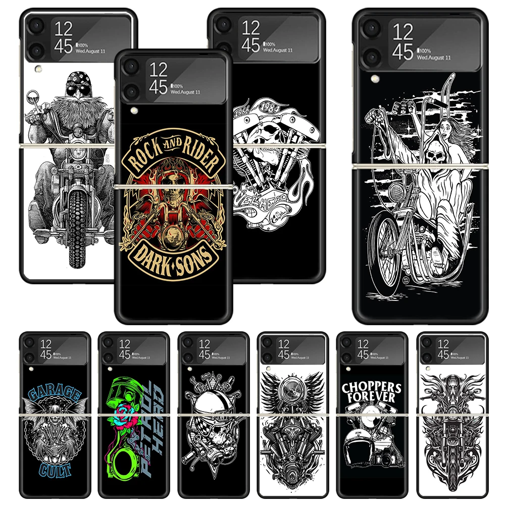 Motorcycle Gear Print Case For Samsung Galaxy Z Flip 3 4 5 6 5G Phone Shell ZFlip6 Flip5 Flip4 Flip3 Pattern Black Hard Cover