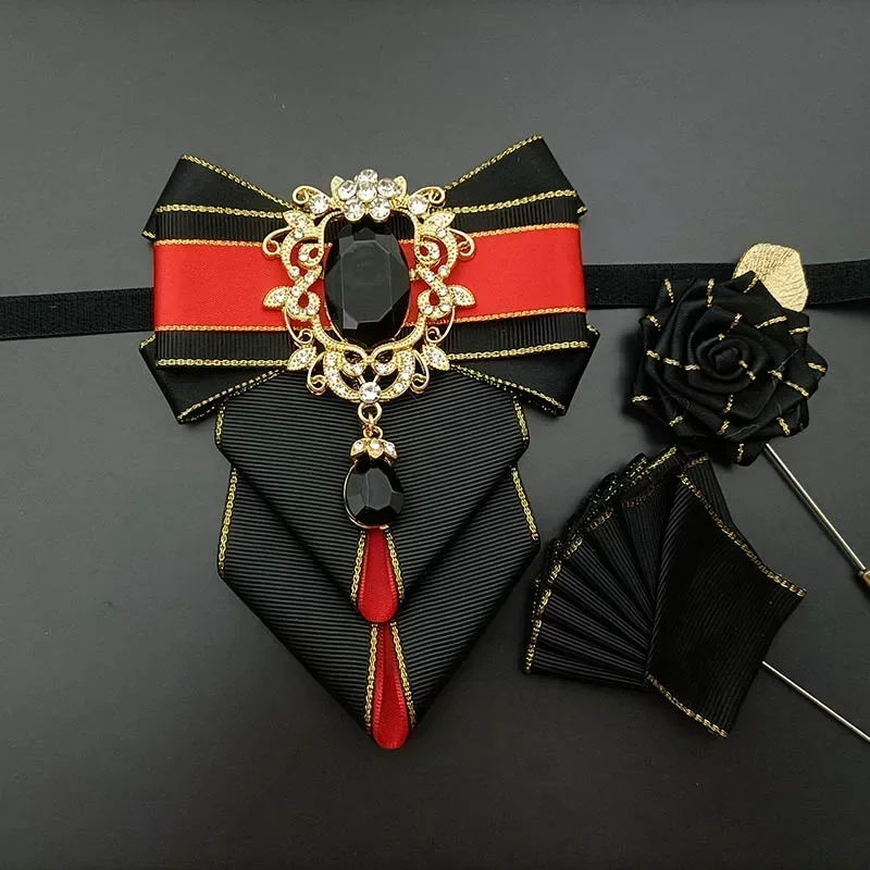 High-end Men's Bow Ties Sets British Korean Handmade Jewelry Gifts Business Suits Shirts Wedding Rhinestone Bow-tie Corsage Set