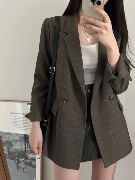 Chique herfst vintage losse pasvorm lange Sve Double Breasted pak Jaet voor dames woon-werkverkeer Sle pure kleur veelzijdige bovenkleding