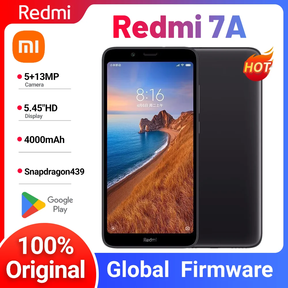 هاتف Xiaomi Redmi 7A الذكي البرامج الثابتة العالمية 4G Qualcomm Snapdragon 439 هاتف التعرف على الوجه 5.45 بوصة 1440 × 720 13 ميجابكسل