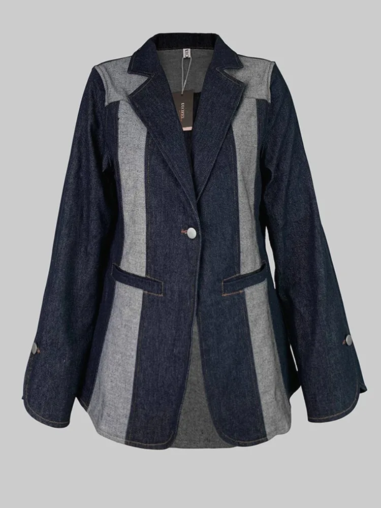 Modigirl 2026 Autumn Winter Women\'s Denim Coat Contrast Color Split-Joint Deep V-Neck Classic Jean Jacket Outerwear for Female
