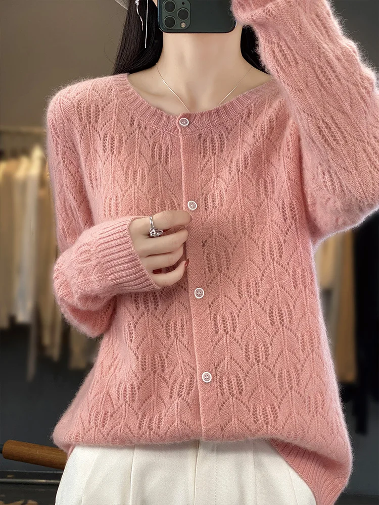 Women Cashmere Sweater Autumn Winter Hollow Cardigan 100% Merino Wool Knitwear  O- Neck Solid Color Temperament Top Coat