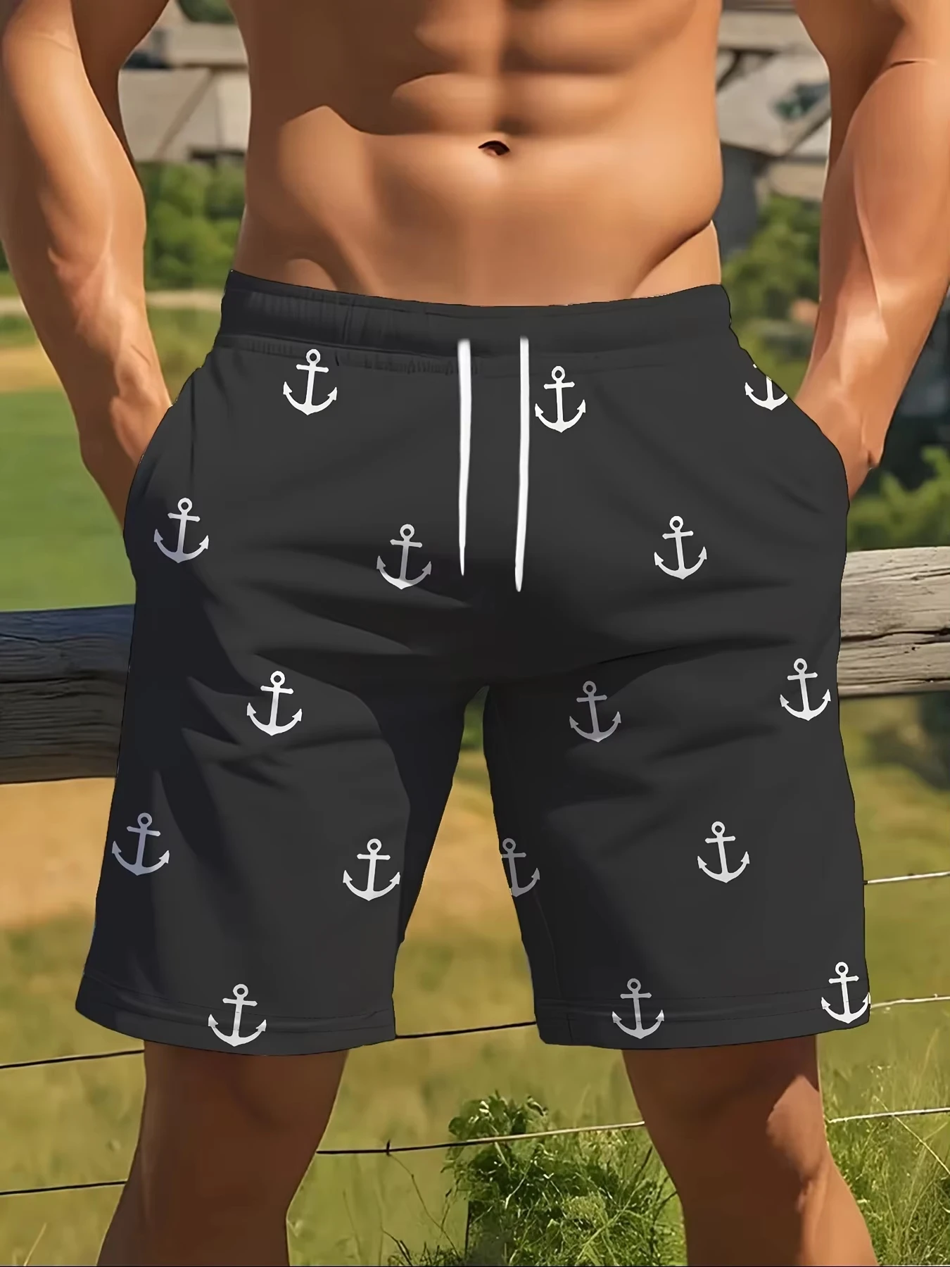 American men's summer fashion boat anchor graffiti 3d print comfortable breathable drawstring shorts outdoor casual shorts