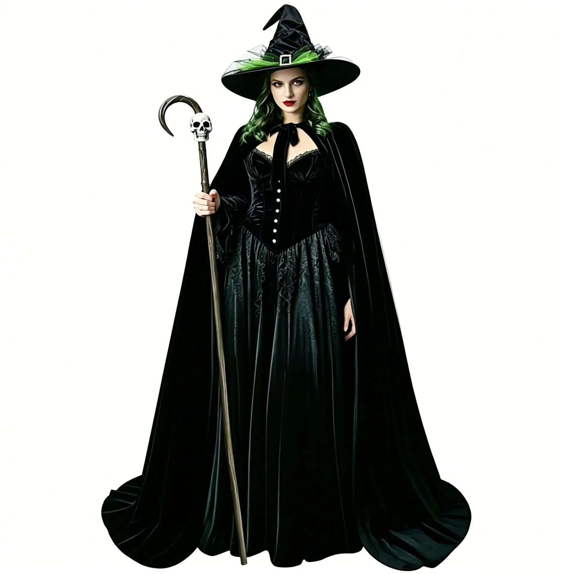 Magic Witch Black Pink Velvet Fabric Cloak With Pointed Hat Set Halloween Carnival Masquerade Party Sorceress Gothic Style Wear