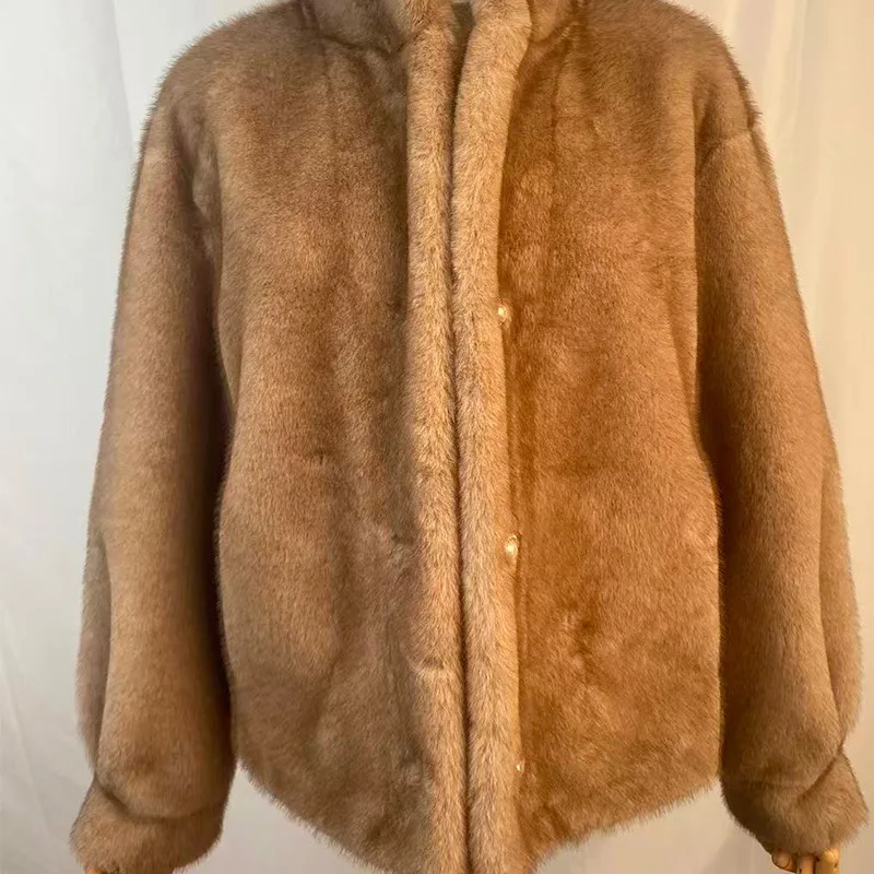 Winter Women's Faux Mink Fur Jacket American Casual Fashion Stand Up Collar Pearl Single Breasted Warm Plush Thicken Overcoat 5