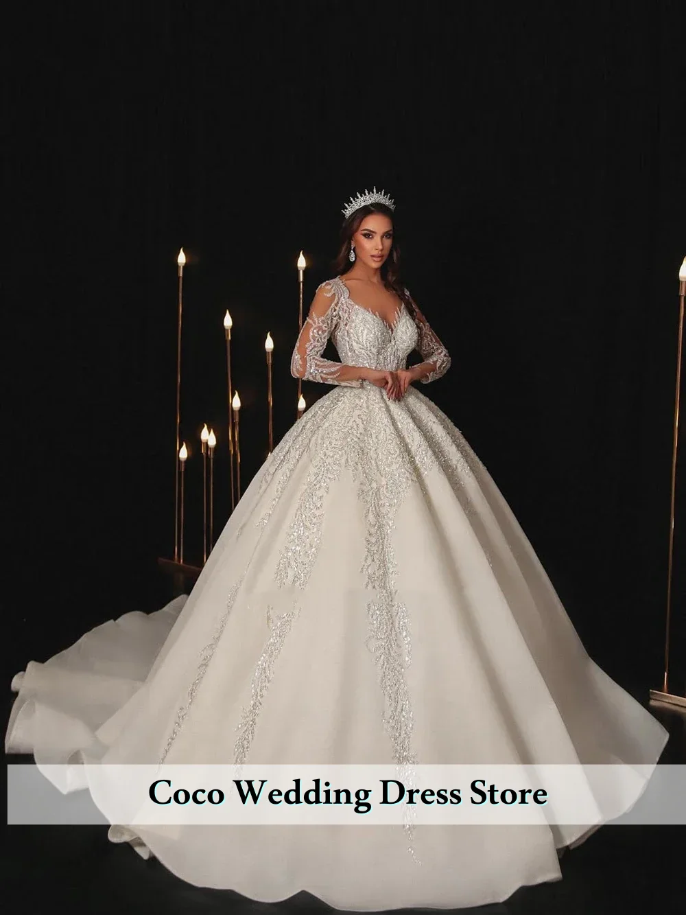 Роскошное кружевное бальное платье с вышивкой по индивидуальному заказу, свадебные платья с длинными рукавами, расшитое бисером и жемчугом, платья со шлейфом, Vestido de Noiva