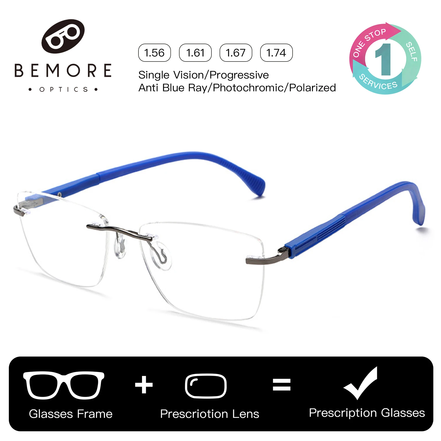 

BEMORE Rimless Alloy Eyeglasses Prescription Photochromic Women's Progressive Glasses Anti Blue Light Myopia Optical Eyewear