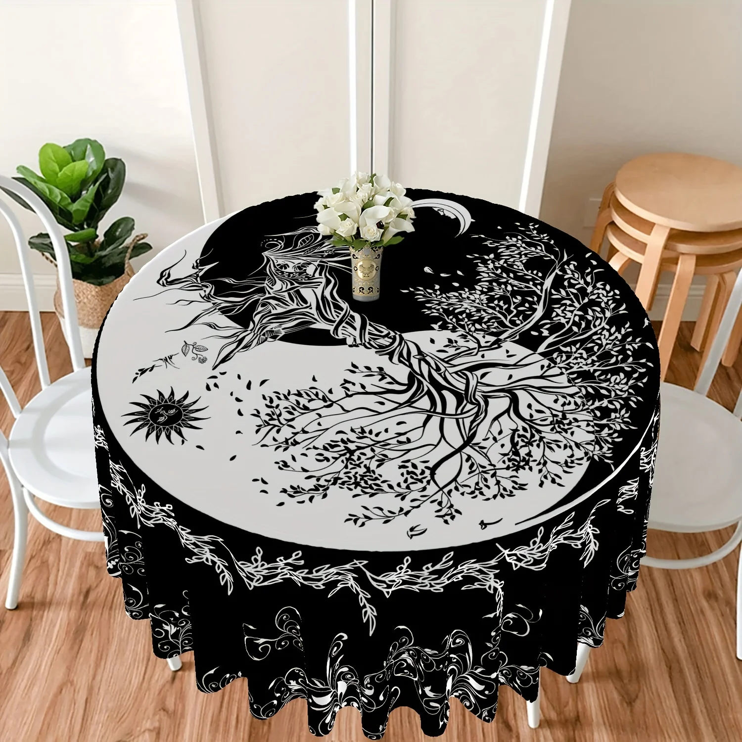 

VIKAMA Art Yin Yang Tree Tablecloth Black and White Minimalist Wind Waterproof Round Restaurant Cafe Tea Room Decoration