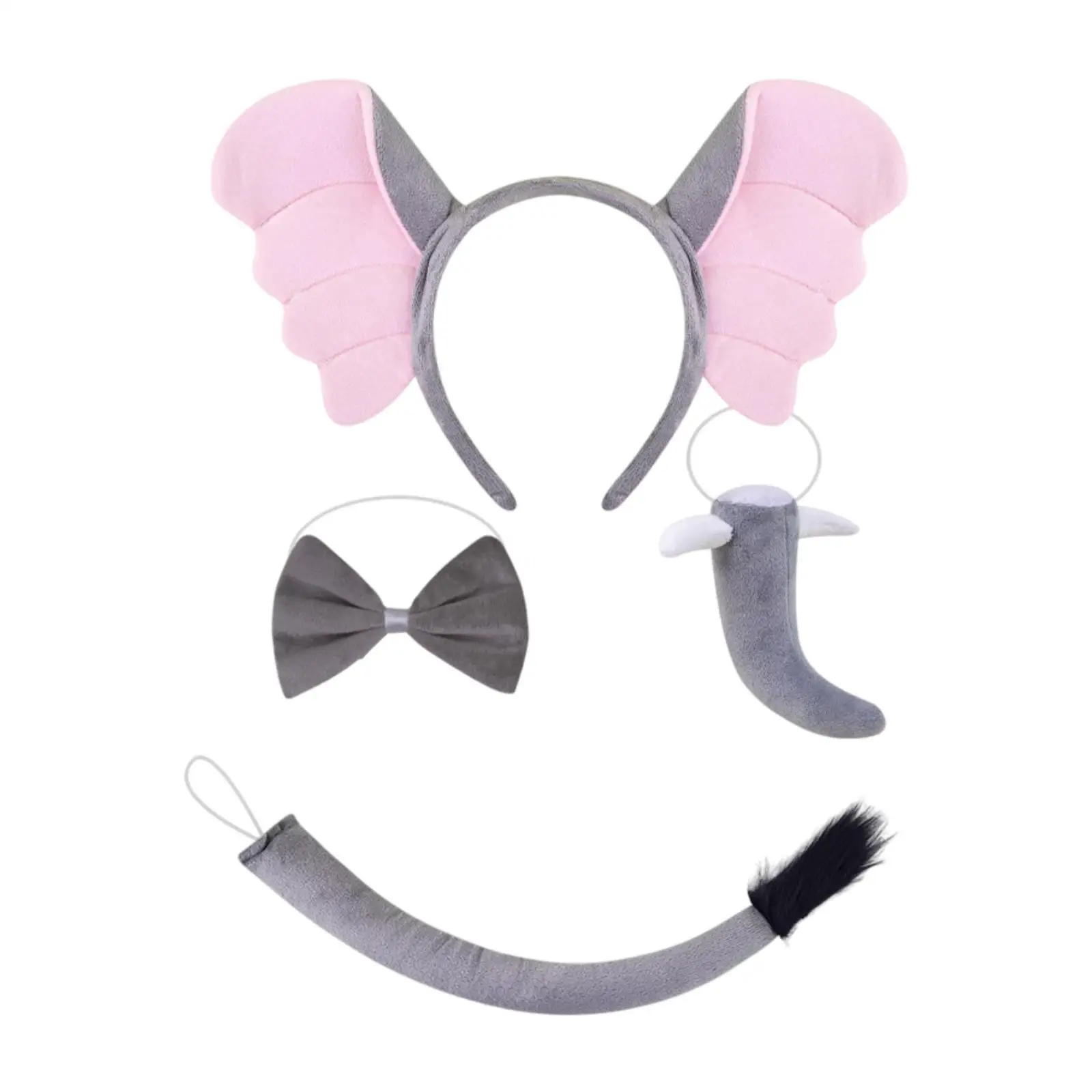 เครื่องแต่งกายช้างหูแถบคาดศีรษะจมูก Bowtie และหางชุดอุปกรณ์เสริม 4 ชิ้น/เซ็ตสําหรับ Carnival Props คอสเพลย์เทศกาล Party Favors