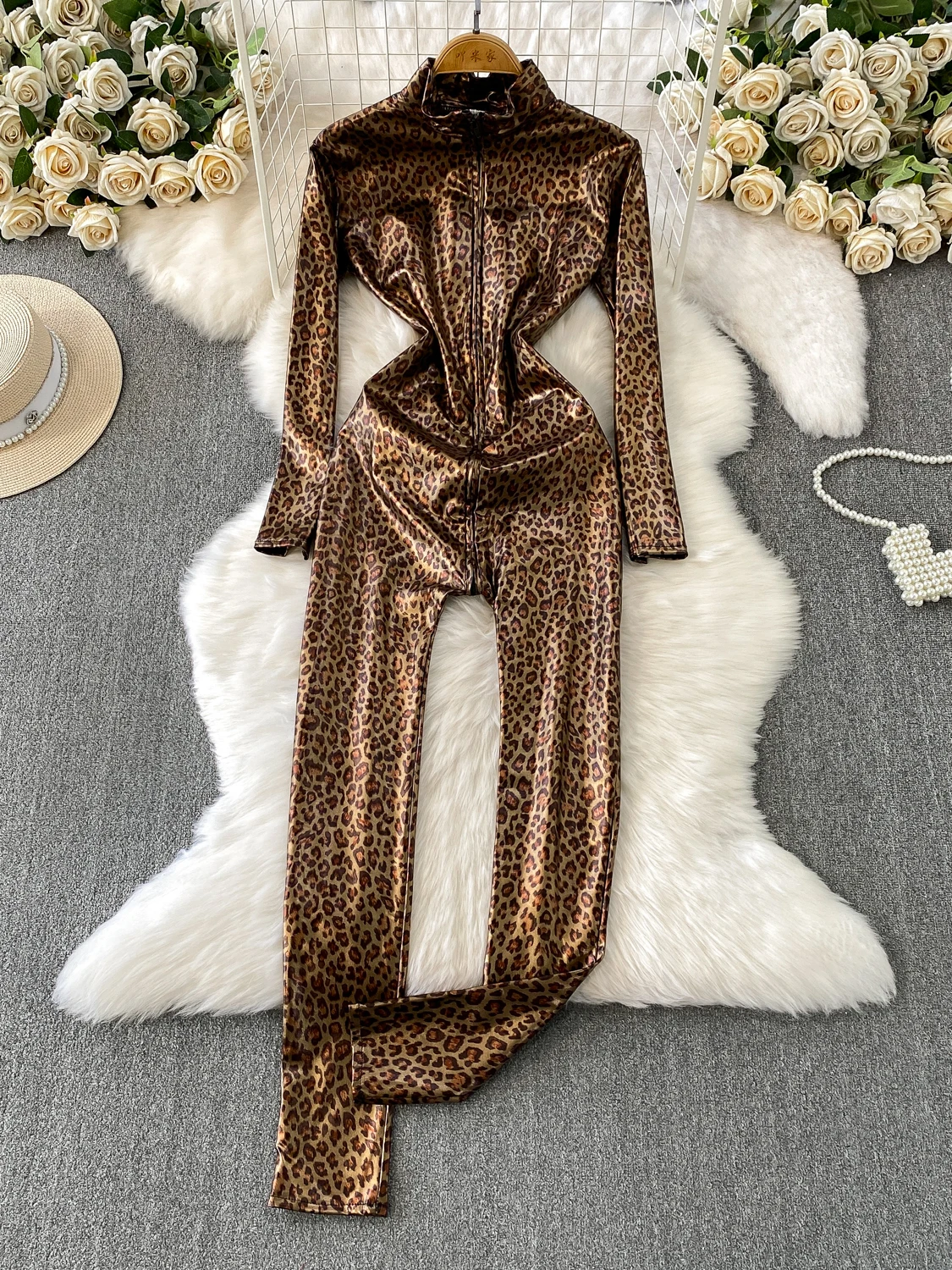 

Sexy Zipper Stand Collar Long Sve Pants Women's Slimming Faionable Leopard Print High Waist Straight Leg Trousers