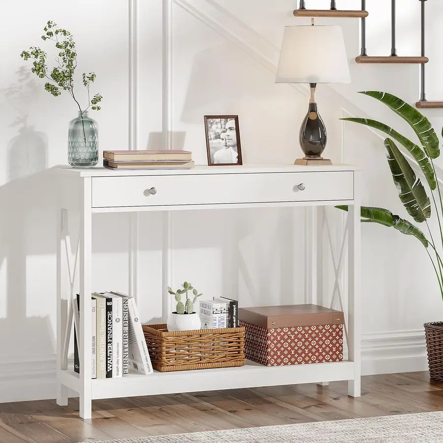 

White Console Table with Drawer and Storage Shelves, Foyer Sofa Table Narrow for Entryway, Living Room, Hallway