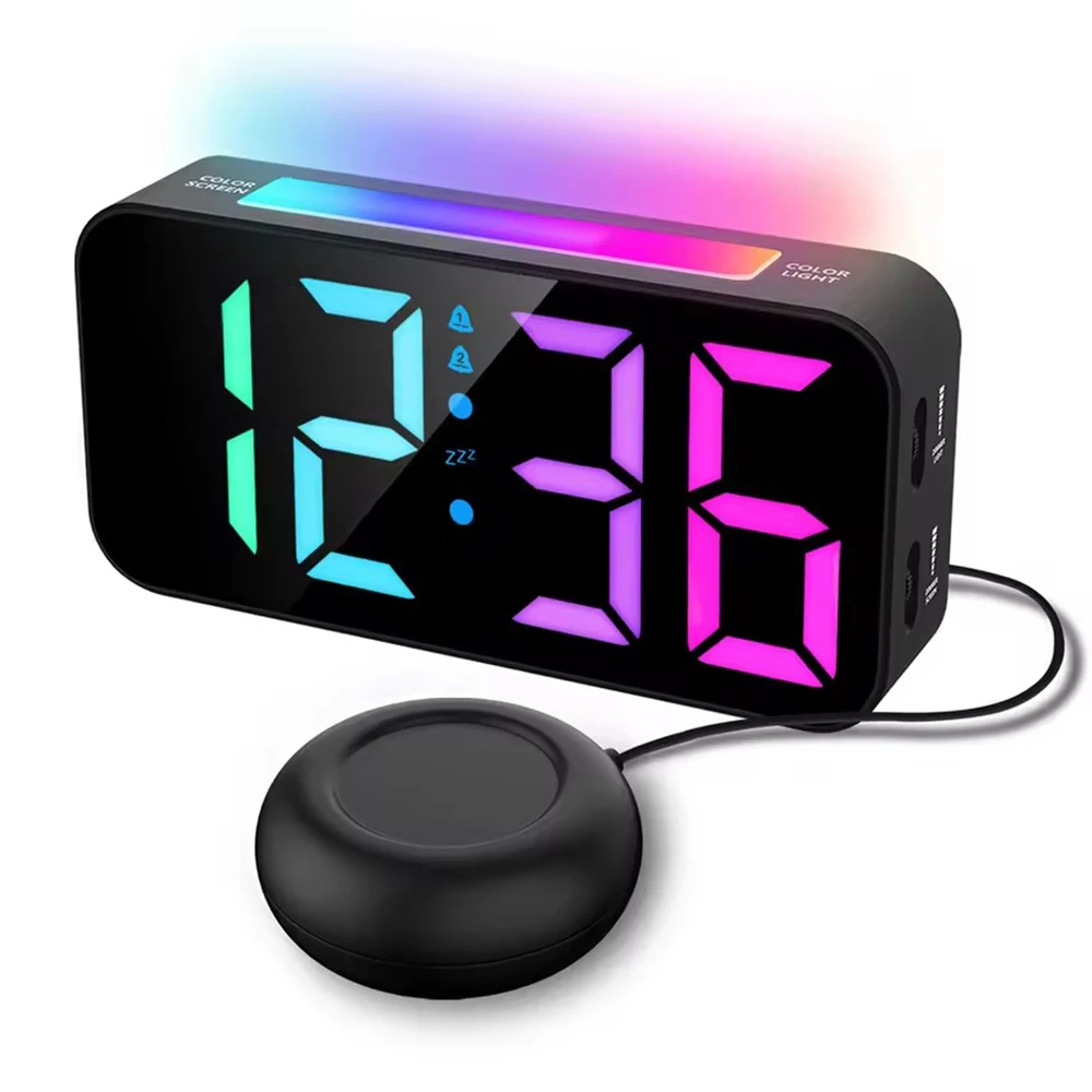 Digital Vibrating Alarm Clock Large Display LED Clock with Colorful LED Night Light Bed Vibrator Snooze Alarm Clock 12/24H