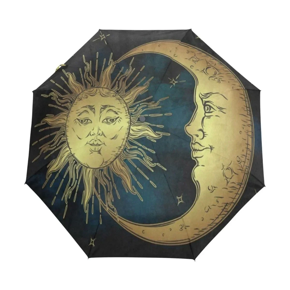 Psychedelic Sun and Moon Rain Sun Umbrellas Bohemian Magic Style Lightweight Windproof Folding Travel Umbrella for Adults Teens