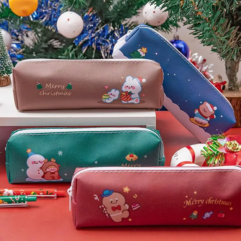 Buon natale astuccio per matite buon natale matita per penne in PU di grande capacità astuccio per cancelleria simpatico cartone animato doppia cerniera