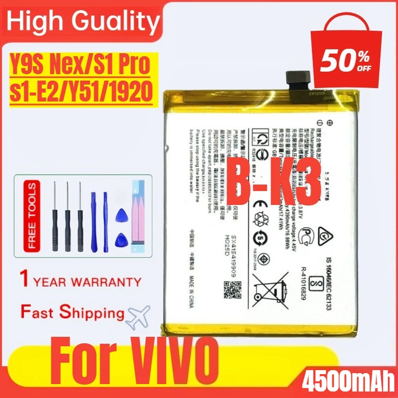 

B-K3 for VIVO Y9S Nex/S1 Pro/s1-E2/Y51/1920 Mobile Phone Battery High Capacity Battery Replacement Bateria with Tools
